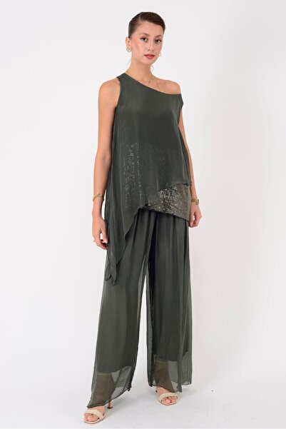 Park Moda 7161 Asimetrik Kesim Kolsuz Pullu İpek Bluz