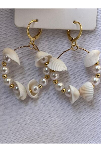 N&M STORE Deniz Kabuklu İncili Altın Kaplama Halka Küpe