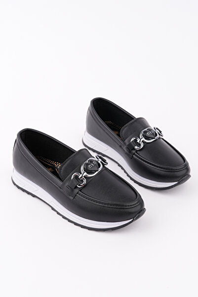 meyra'nın ayakkabıları Women's Black Leather Heart Buckle Orthopedic Sole Ballerinas