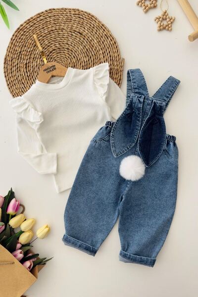 Minigimin Cicileri My Little One's Pink Ruffled Long Sleeve Blouse and Denim Suspender Rabbit Pattern Baby Girl 2-Piece Romper t