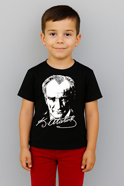 FATELLA Children's Black Short Sleeve Ataturk Printed T-Shirt - 100% Cotton