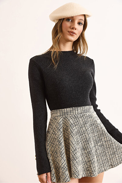 Olalook Women's Black Stand Collar Cuff Slit Button Detailed Knitwear Sweater Kzk-19000995