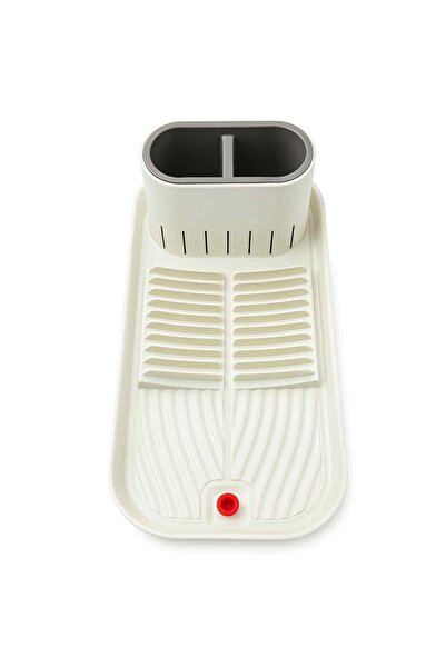 PUFO Scurgător de bucătărie îngust pentru uscarea vaselor cu suport pentru tacâmuri, 40 x 20 cm, crem/maro