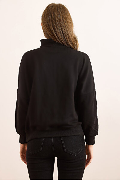 Olalook Women's Black Stitching Detailed Zippered Thick Sweatshirt Without Fleece Swt-19000744