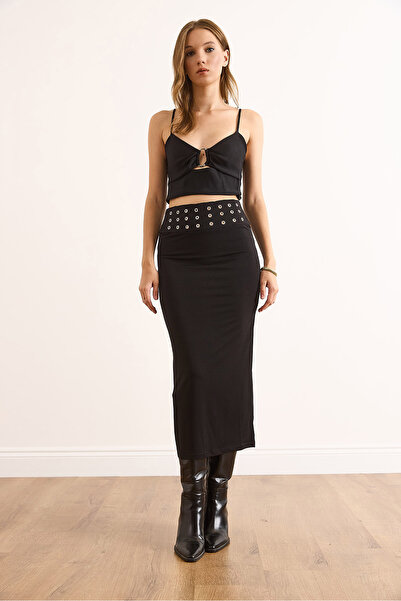 Olalook Kadın Siyah Beli Kuş Gözü Detaylı Midi Sandy Etek ETK-19000352