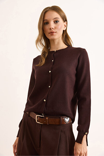 Olalook Women's Brown Gold Buttoned Soft Cardigan with Viscose Content Hrk-19000384