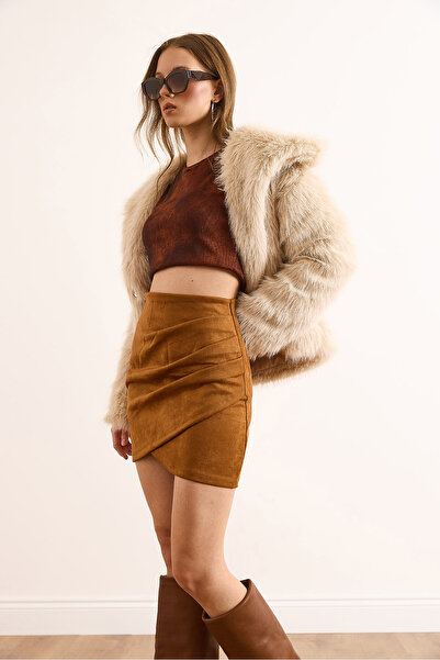 Olalook Дамска мини пола от велур с драперия и цип отстрани ETK-19000354