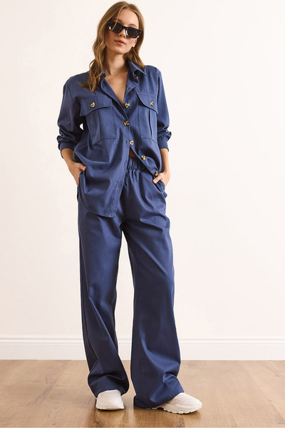 Olalook Women's Indigo Top Shirt Bottom Pants Gabardine Suit Tkm-19000436