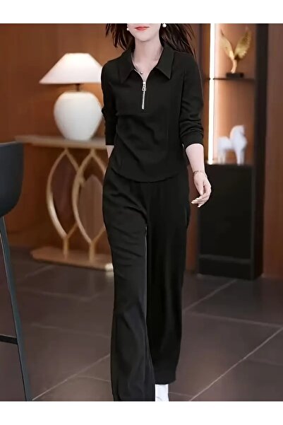 BERYY MODA Μαύρο φαρδύ, άνετο, ελαστικό υφασμάτινο παντελόνι φόρμας beryy