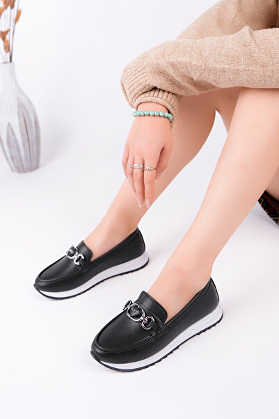 meyra'nın ayakkabıları Women's Black Leather Heart Buckle Orthopedic Sole Ballerinas