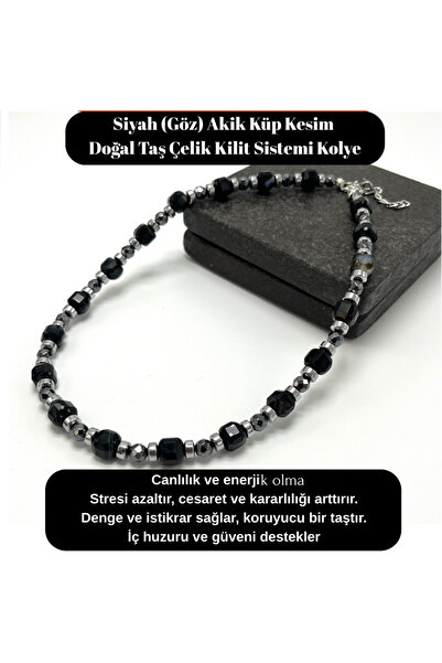 YILDIZ DOĞAL TAŞ SERTİFİKALI Siyah Göz Akik Taşı Küp Kesim Doğal Taş Çelik Kilit Sistemi 8 mm Kolye