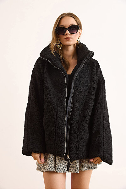 Olalook Women's Black Lined Zippered Pocket Oversize Plush Coat Mnt-19000048