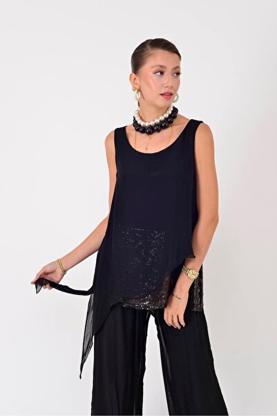 Park Moda 7161 Asimetrik Kesim Kolsuz Pullu İpek Bluz