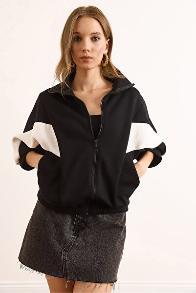 Olalook Kadın Siyah Fermuarlı Şardonlu Oversize Bloklu Sweatshirt SWT-19000656