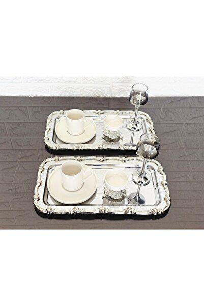atabey home 2-Piece Full Silver Sunum Tray & Baton Cake Serving Steel Tray Cast Gold Frame 32 cm