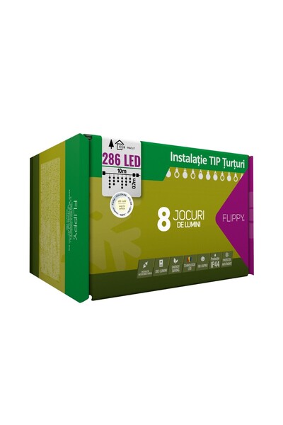 Teo Instalatie Craciun Tip Turturi, IP44, 10 m, 286 Led-uri, Alb cald, 8 jocuri de lumini