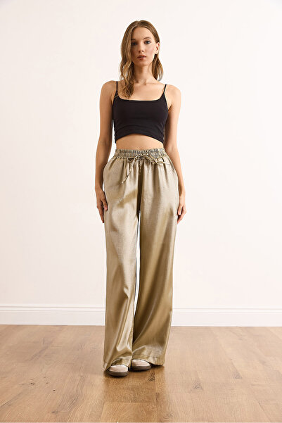 Olalook Women's Khaki Elastic Waist Pocketed Satin Trousers Pnt-19000364