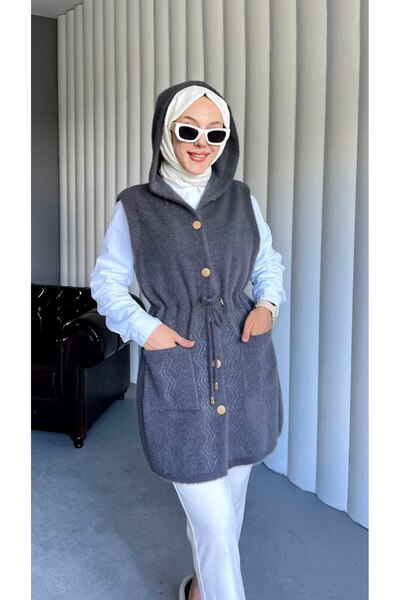 Viskosa Women's Hooded Buttoned Pocketed Knit Vest