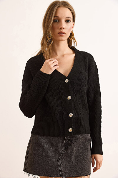 Olalook Women's Black Wave Detailed Soft Textured Cardigan Hrk-19000386