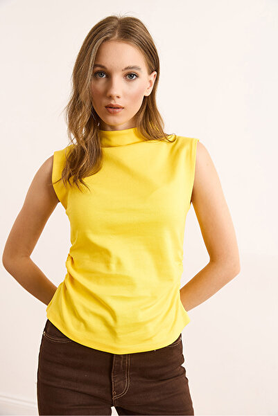 Olalook Women's Yellow Drape Detailed Stand Collar Interlock Crop Blouse Blz-19003107