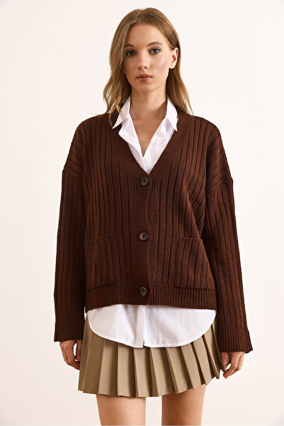 Olalook Women's Brown Pocketed Thick Ribbed Soft Textured Knit Cardigan Hrk-19000390