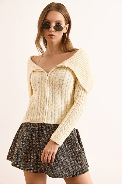 Olalook Women's Stone Madonna Collar Zippered Hair Knitwear Blouse Blz-19003105