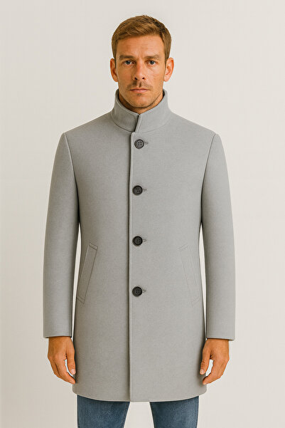 Valiberta Bertolucci Men's Cashmere Coat with Stand Collar, Fitted Cut, Fileto Pockets - Gray