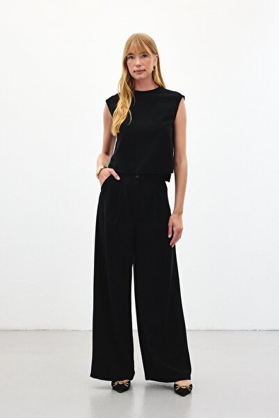 Sateen Wide Leg Trousers - Black