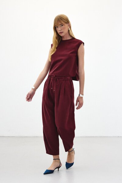 Sateen Şalvar Kesim Pantolon - Bordo