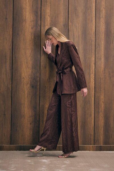 Sateen High Waist Patterned Trousers - Brown