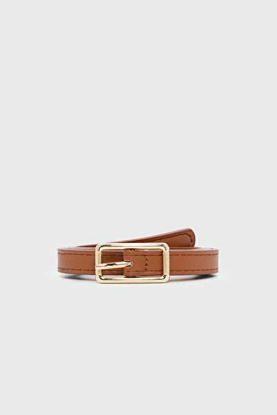Shule Bags Thin Faux Denim Belt with Rectangular Buckle, Tan