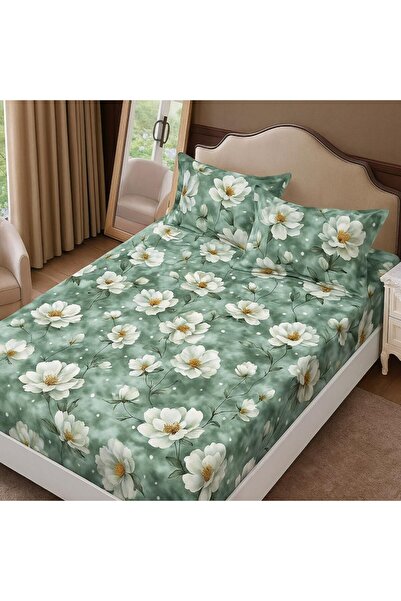 Pucioasa Finet duvet cover set + 2 pillowcases 160x200cm, Green with flowers