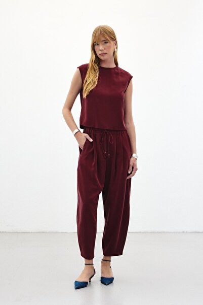 Sateen Şalvar Kesim Pantolon - Bordo