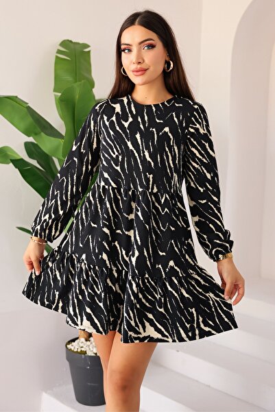 Kübra Tekstil Γυναικείο Μίνι Φόρεμα Ζέβρα Μαύρο Κρεμ με στάμπα με μακριά μανίκια - Γυναικείο Φόρεμα