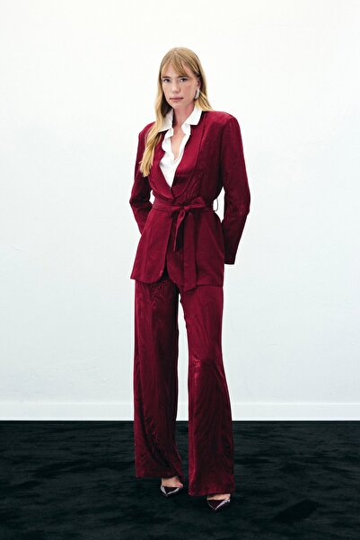 Sateen Yüksek Bel Desenli Pantolon - Bordo