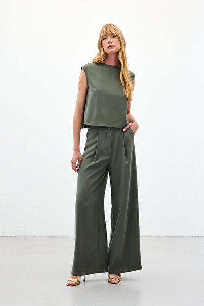 Sateen Wide Leg Trousers - Khaki