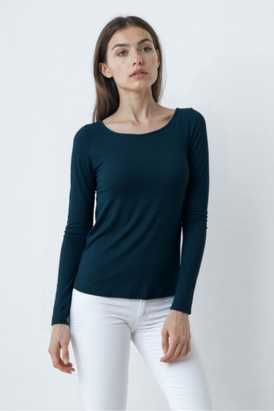 WESTMARK LONDON Navy Blue Boat Neck Long Sleeve Women's T-Shirt Heather