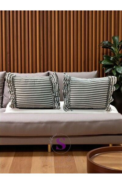shules collection Black Striped Linen Bohemian Ruffled Vintage 2-Piece Rectangular Throw Pillow Cover