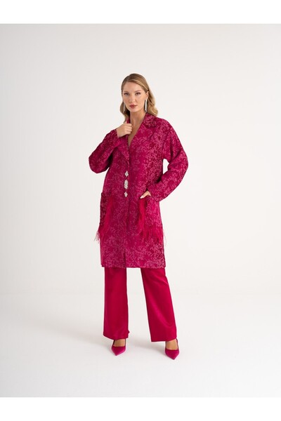 SERPİL Dokulu Taş Düğmeli, Tüylü Cep Detaylı, Şık ve Modern Tasarım Kap 37349