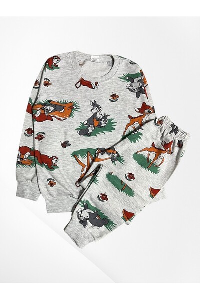 Pajama Shop Girl's Cotton Fabric Gray Deer Rabbit Pattern Long Sleeve Winter Pajamas Set