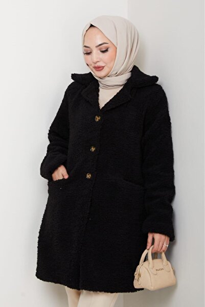 Hb Harma Time Butik Palton negru cu buzunare, căptușit cu țesătură de blană p...