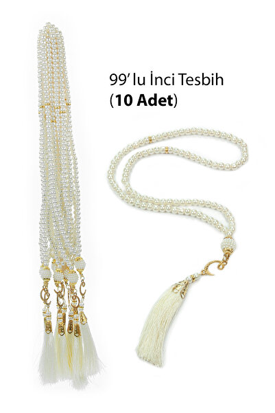 ihvan online 10 Pieces of 99-Beaded Pearl Prayer Beads, with Tassels, Vav Letter, Mevlüt Hajj Umrah Gift - White