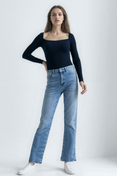 WESTMARK LONDON Navy Blue Square Neck Long Sleeve Women's Crop Bodysuit Cecilia Crop