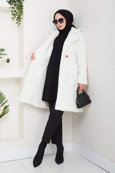 Hb Harma Time Butik Women's Fur Fabric Lined Buttoned White Coat