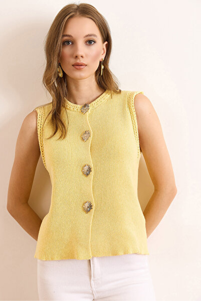 Olalook Women's Yellow Button Detailed Soft Textured Knit Vest Ylk-19000086
