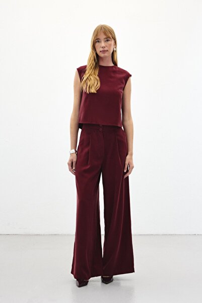 Sateen Wide Leg Trousers - Burgundy