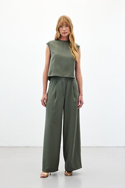 Sateen Wide Leg Trousers - Khaki