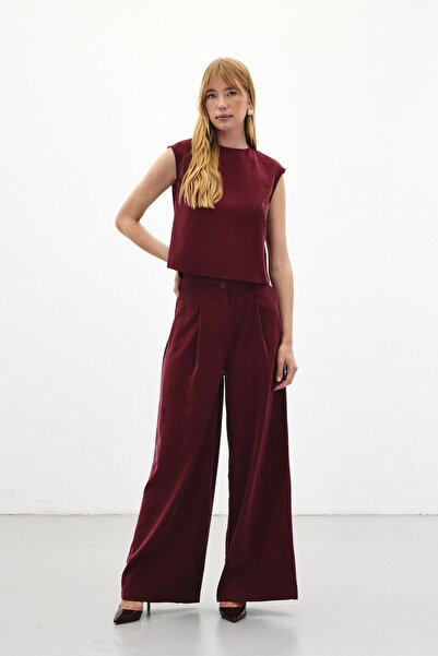 Sateen Wide Leg Trousers - Burgundy