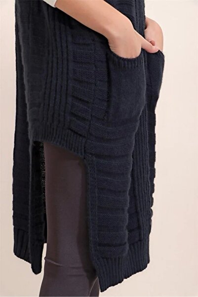 AQE FASHION Women's V-Neck Stripe Detailed Pocketed Sleeveless Slit Soft Textured Poncho Navy Blue