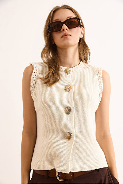 Olalook Women's Ecru Button Detailed Soft Textured Knitwear Vest Ylk-19000086
